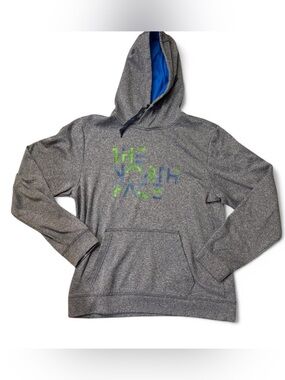 The North Face Men's Gray Hoodie with Blue Lined Hood and Green Logo
